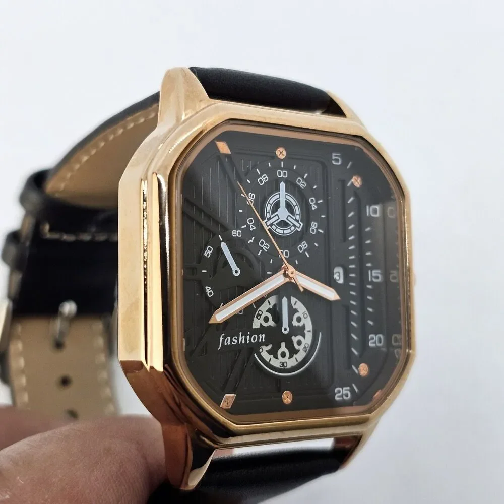 Men's Watch 42MM Black Dial‎ Gold Case Black Leather Band Straps Date Indicator